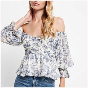 Express Floral Blue & White Print Pleated On/Off The Shoulder Peplum Top…